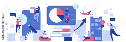 Business process concept. Employees do market research, data analysis, strategize and plan work tasks. Workflow optimization and company development. Vector character illustration for banner design