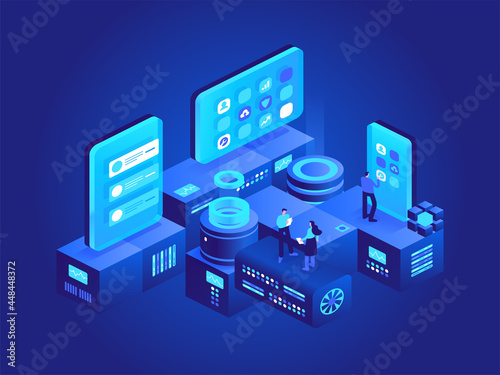 Cryptocurrency technology isometric concept. Farm for mining digital money. People working on crypto business. Marketing, development, financial tools. Vector character illustration in isometry design