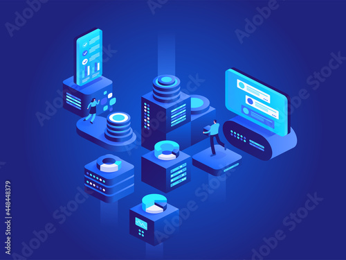Cryptocurrency exchange isometric concept. People working on crypto business, bitcoin mining, data analysis. Marketing, development, financial tools. Vector character illustration in isometry design