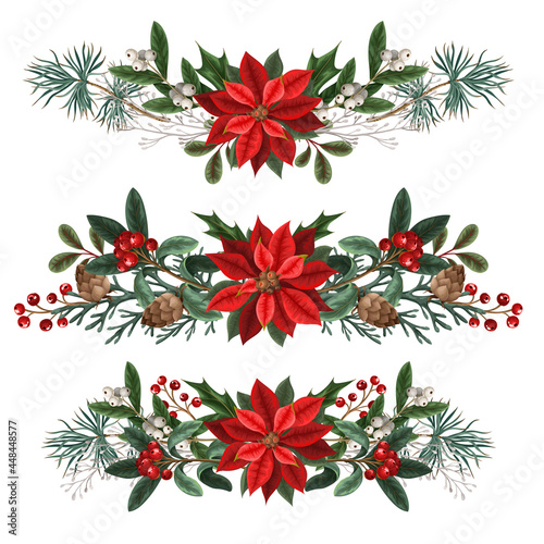 Bouquets with botanical berries, pines and leaves for Christmas design isolated.