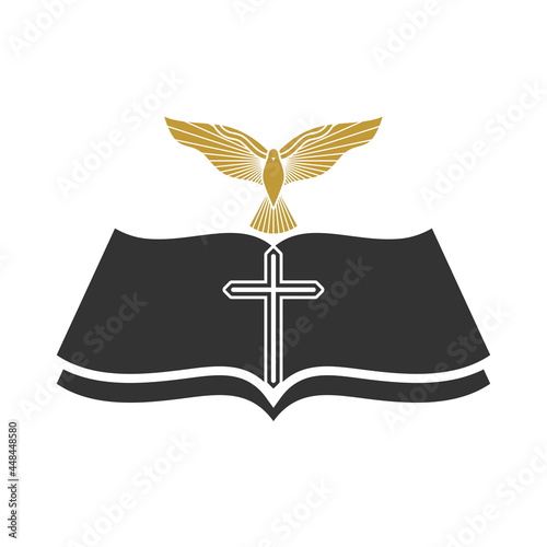 Christian illustration. Church logo. Cross of Jesus Christ, bible and dove.