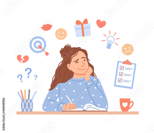 Cute thoughtful female teenager making notes into her diary. Flat young girl writes organizer or creative drawing. Woman diary concept design. Thinking cartoon person portrait vector illustration