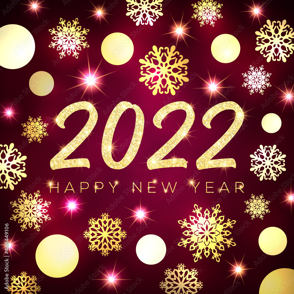 Happy New Year 2022 greeting card design. Gold glitter glowing Christmas circle balls snowflakes stars on dark red background. Golden New Year celebration banner Holiday decoration vector illustration Happy New Year 2022 greeting card design. Gold glitter glowing Christmas circle balls snowflakes stars on dark red background. Golden New Year celebration banner Holiday decoration vector illustration