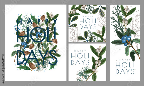 Christmas greeting card or poster with botanical berries, pines and leaves.