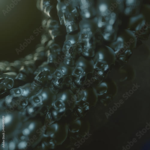 Abstract giant ring made of black shiny skulls 3d rendering digital illustration. Abstract pattern background