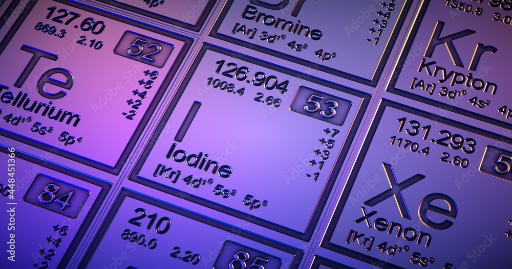 Iodine. Closeup periodic table of the elements. Iodine. Closeup periodic table of the elements.