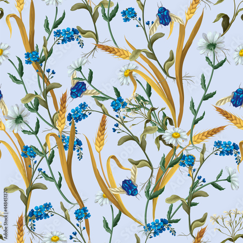 Seamless pattern with botanical flowers such as chamomile, ear of wheat and other.