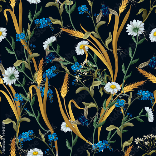Seamless pattern with botanical flowers such as chamomile, ear of wheat and other.