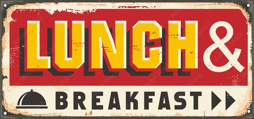Lunch and breakfast retro 1950s tin sign template. Vintage diner