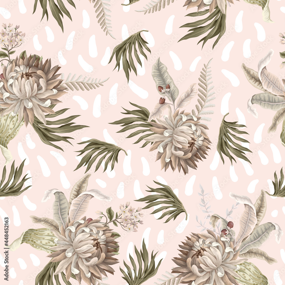 Seamless pattern with light tropical leaves and flowers. Trendy textile print. Seamless pattern with light tropical leaves and flowers. Trendy textile print.