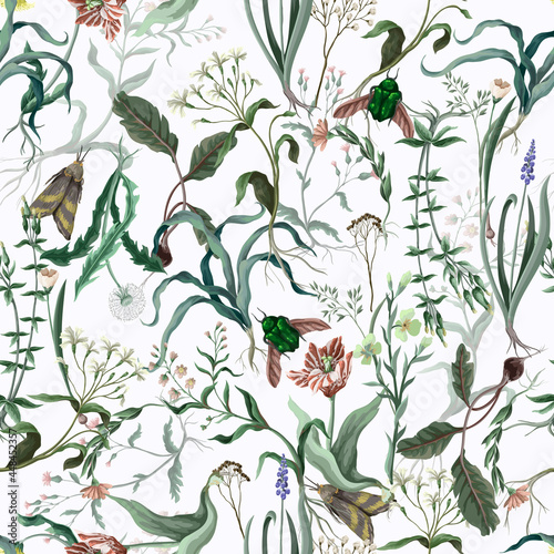 Seamless pattern with wild thin flowers and insects. Trendy botanical print.