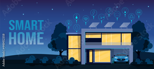 Eco friendly, smart house concept with flat style icons. Modern house exterior with solar panels on the roof and electric car charger in the garage. Smart home front view at night. Web banner