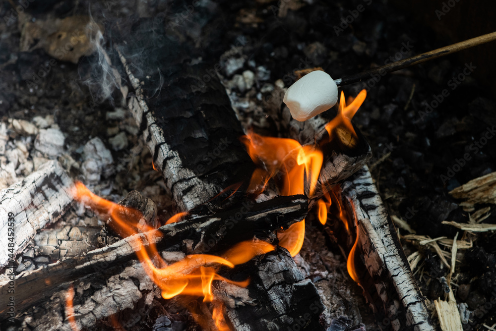 A person roasts a marshmallow over a campfire during the summer. A person roasts a marshmallow over a campfire during the summer.