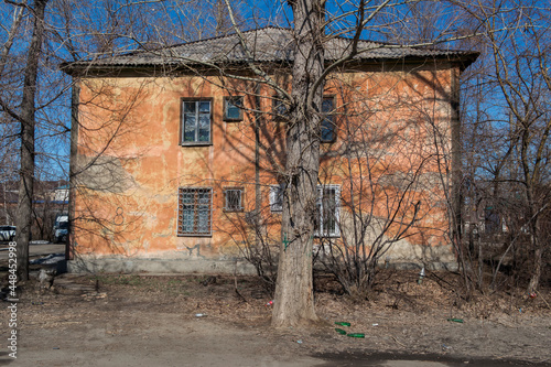 Old soviet house. Socialist Classicism. Architectural background. Stalinist architecture. (Ust-Kamenogorsk, kz).