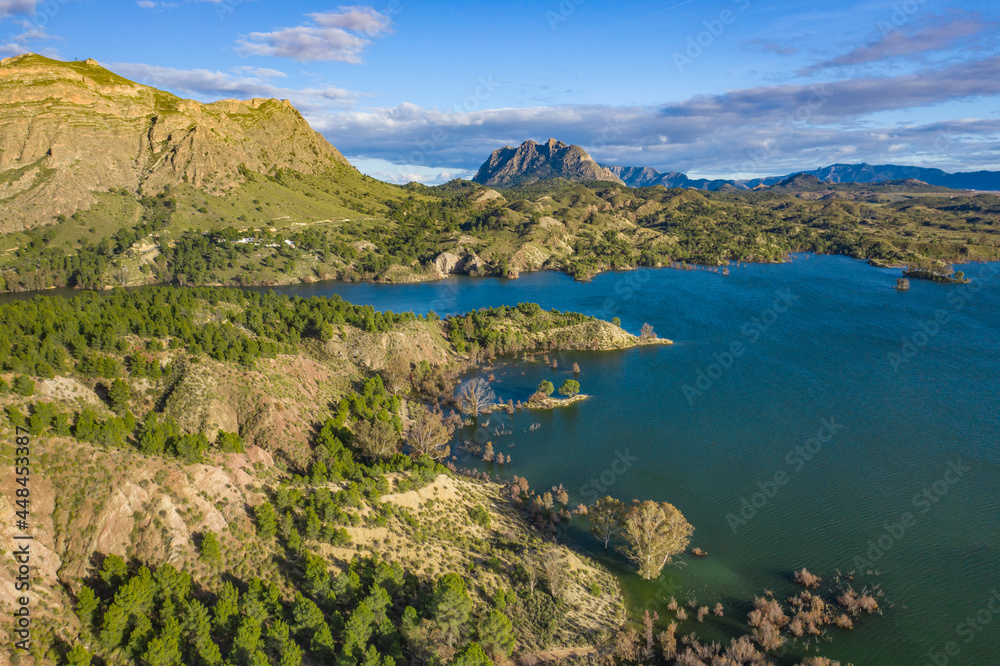 Aerial photo of Reservoir Alfonso XIII in mountains of Calaspara, Murcia, Spain
