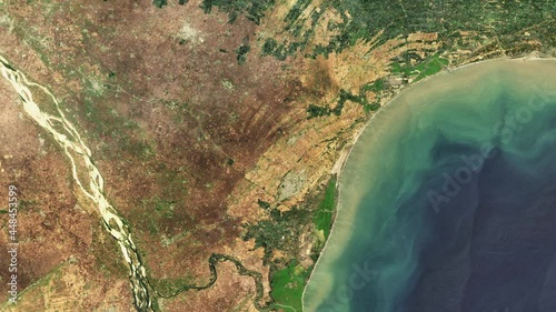 Bay coast with inland aquaculture fields, aerial satellite view of Bay of Bengal. Image furnished by Nasa photo