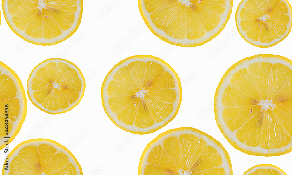 Lemon slice isolate seamless pattern. Top view with lemon on white background.
