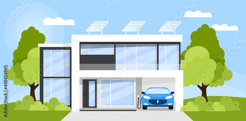 Eco friendly, smart house concept. Modern house  exterior with big windows, solar panels on the roof and electric car charger in the garage. Flat style vector illustration. Smart home front view.
