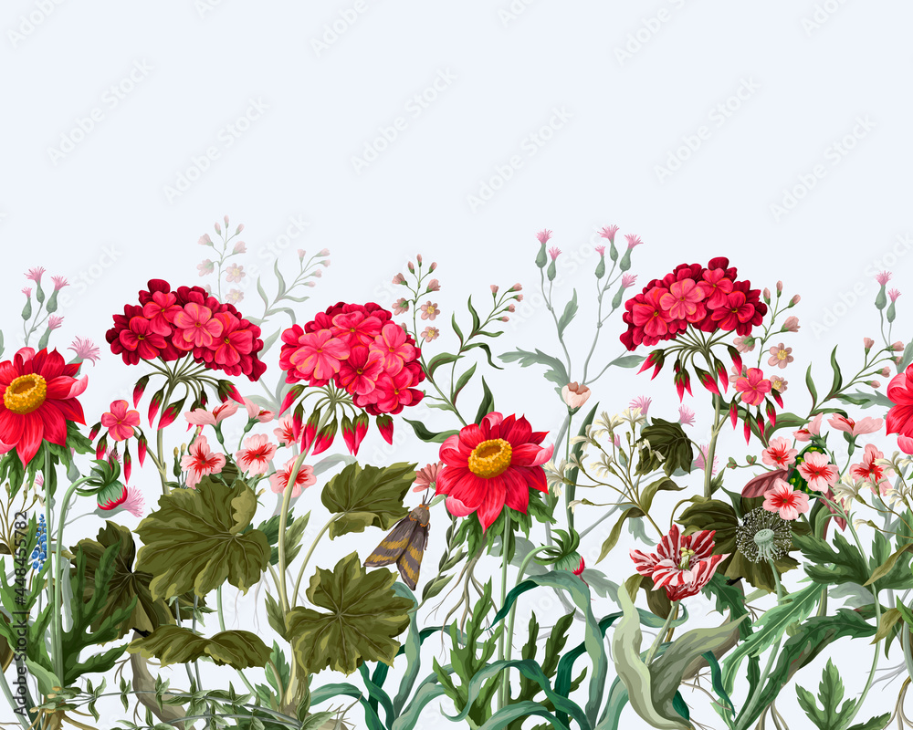 Border with geraniums and wild flowers. Trendy floral vector print.