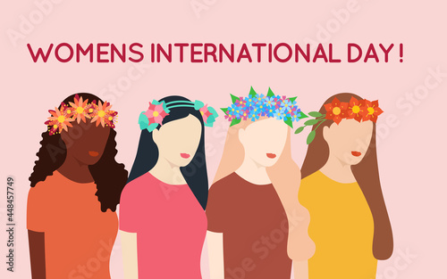 Women of different nationalities and cultures are wearing floral wreaths on their heads. International Womens Day. Board for Equality and Rights. The concept of modern femenism and gender equality