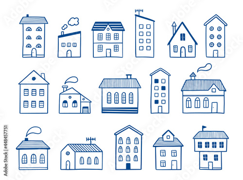 House doodle set. Hand drawn sketch style. House building with roof. Vector illustration for home icon  village  city element.