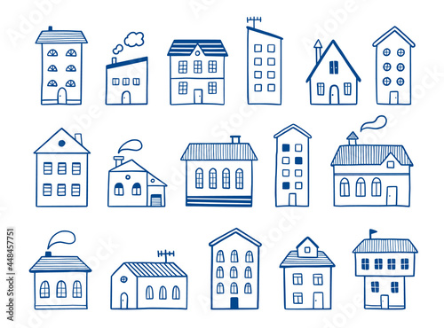 House doodle set. Hand drawn sketch style. House building with roof. Vector illustration for home icon, village, city element.