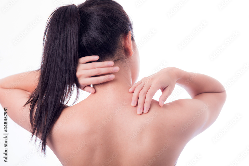 Asian woman with shoulder pain. woman is enduring awful ache. shoulder pain from sports. Young lady with shoulder pain Asian woman with shoulder pain. woman is enduring awful ache. shoulder pain from sports. Young lady with shoulder pain