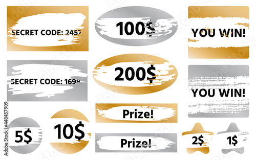 Scratch card game win shape set icons isolated on white background. Vector objects star, heart, rectangle, square, oval, circle grunge brush stroke texture. Lottery lucky lose winning ticket text