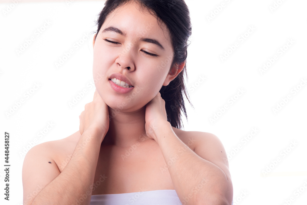 Asian woman with shoulder pain. woman is enduring awful ache. shoulder pain from sports. Young lady with shoulder pain Asian woman with shoulder pain. woman is enduring awful ache. shoulder pain from sports. Young lady with shoulder pain