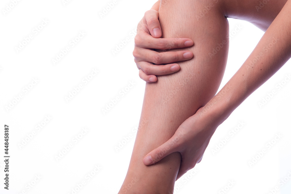 Asian woman with leg or foot pain . Woman is suffering immense pain. finger pain from sports