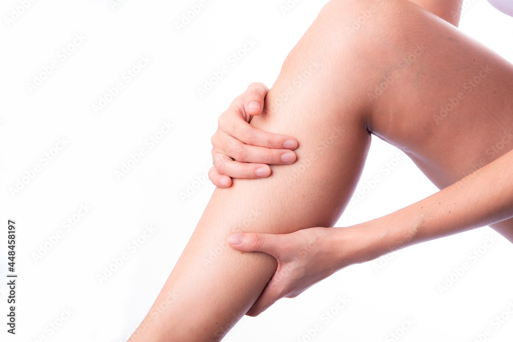 Asian woman with leg or foot pain . Woman is suffering immense pain. finger pain from sports Asian woman with leg or foot pain . Woman is suffering immense pain. finger pain from sports