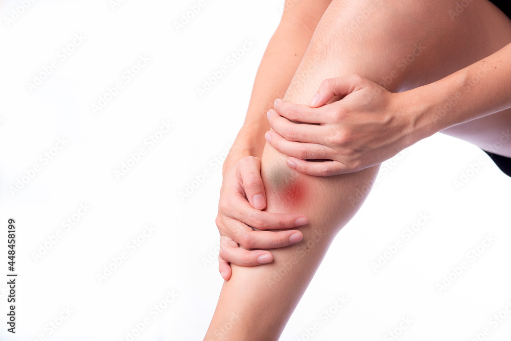 Asian woman with leg or foot pain . Woman is suffering immense pain. finger pain from sports