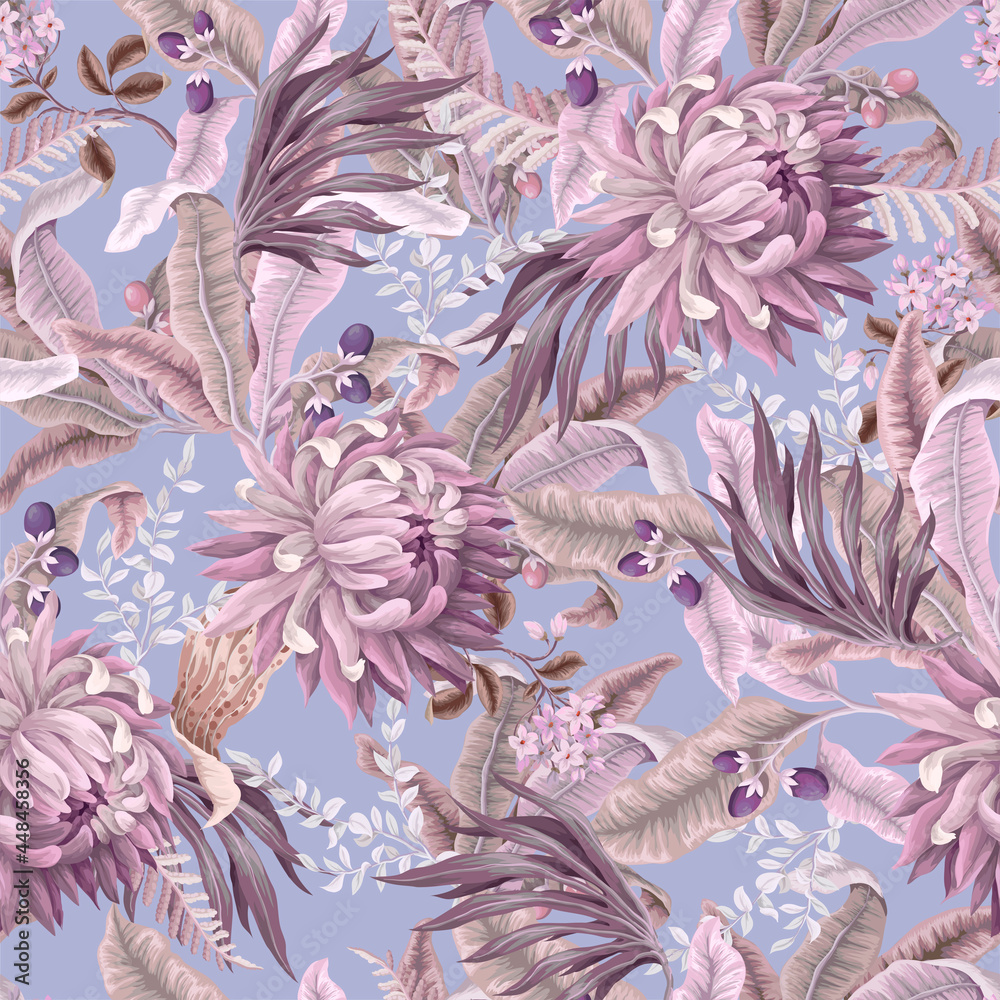 Obraz Seamless pattern with light tropical leaves and flowers. Trendy textile print.