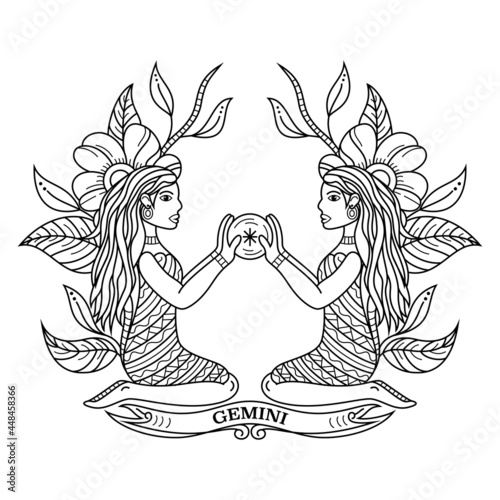 Hand drawn of gemini in zentangle style