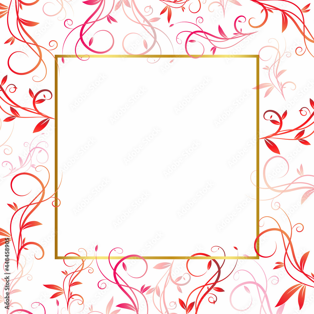 Beautiful leaf frame pattern with golden square isolated white background vector design