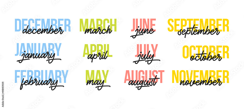 12 month. lettering months of the year. Vector illustration - obrazy, fototapety, plakaty 