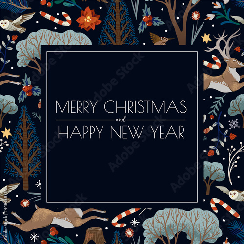 Greeting card or poster with trees and animals. Vector holiday background for print.
