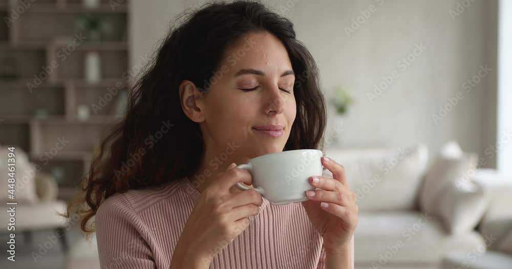 Happy pensive calm beautiful hispanic woman drinking cup of tea or coffee, daydreaming enjoying peaceful carefree morning time alone in living room, planning day or imagining future, resting indoors.