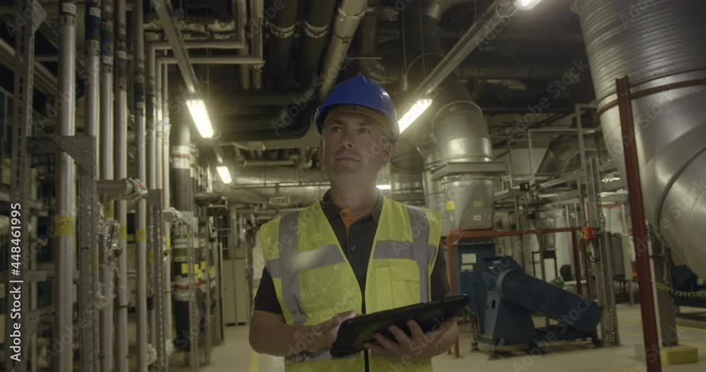 Male engineer walking through an industrial plant room on an inspection Male engineer walking through an industrial plant room on an inspection