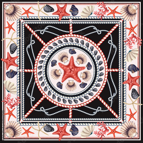Design scarf with starfishes, shells and rope. Vector trendy print.