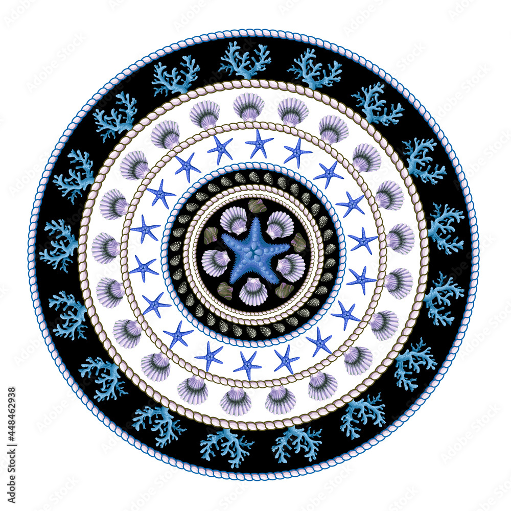 Design rounded scarf with starfishes, shells and rope. Vector trendy print. Design rounded scarf with starfishes, shells and rope. Vector trendy print.