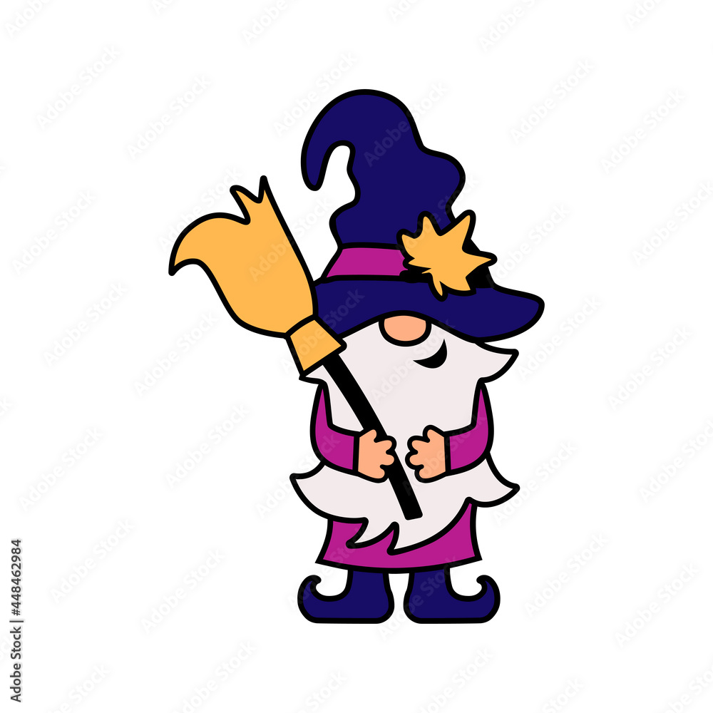 Halloween gnome, witch gnome with broom on white background. Vector illustration.