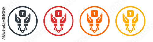 Handcuffed hand icon set. Prisoner symbol vector on round design.