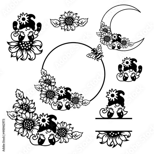 Frame, borders and designs elements with gnome, sunflowers or daisy flowers on white background. Vector illustrations set.