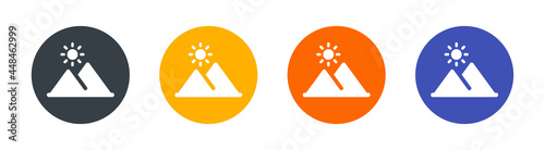 Scenery sign. Mountain landscape with sunrise icon. Adventure concept