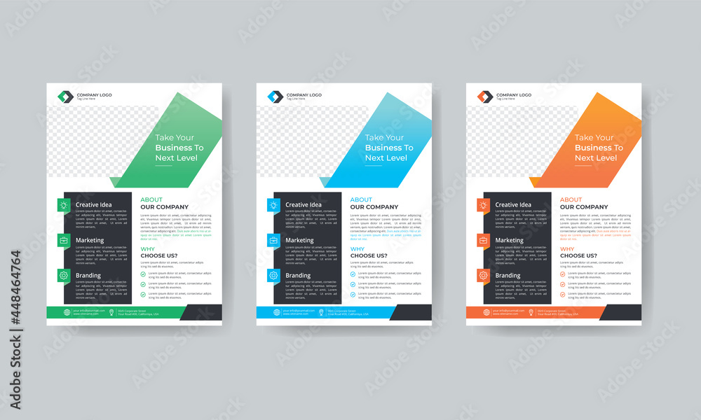 Corporate business flyer template design set with orange, green and cyan color