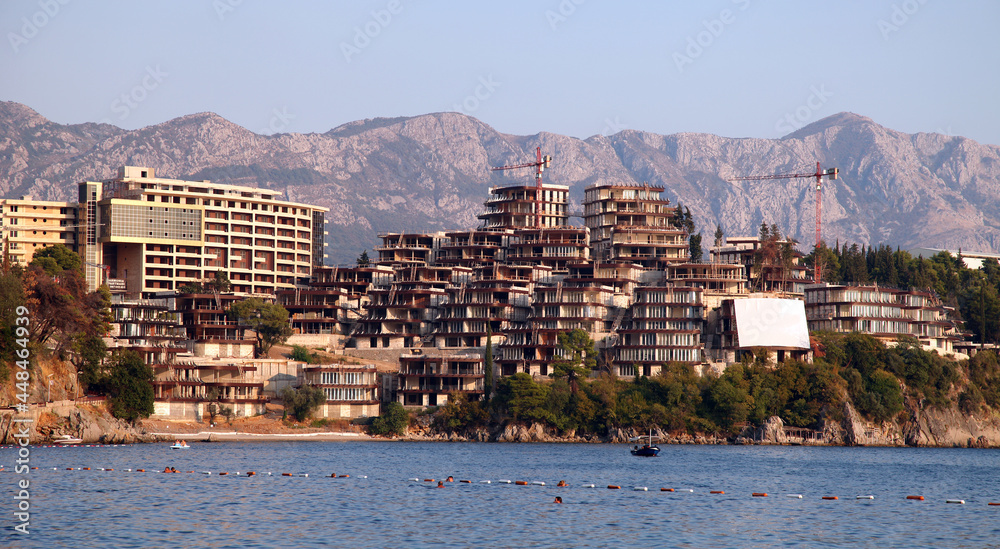 Residential buildings at coastline of Budva in Montenegro.
