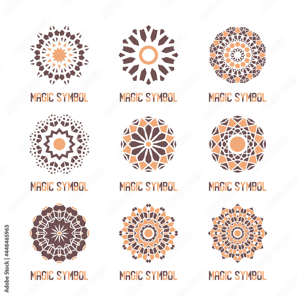 Circular mosaic emblems set. Decorative signs with geometric ornaments. Vector template for logo design Circular mosaic emblems set. Decorative signs with geometric ornaments. Vector template for logo design