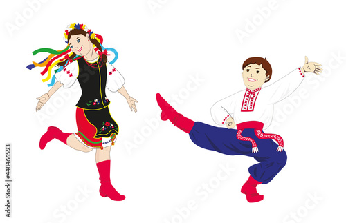 Ukrainian folk dancers - a boy and a girl in ukrainian folk costume is smiling and dancing