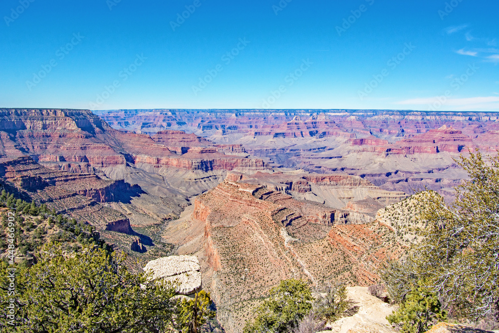 Beautiful clear view day overlooking Grand Canyon National Park in Arizona, USA.  